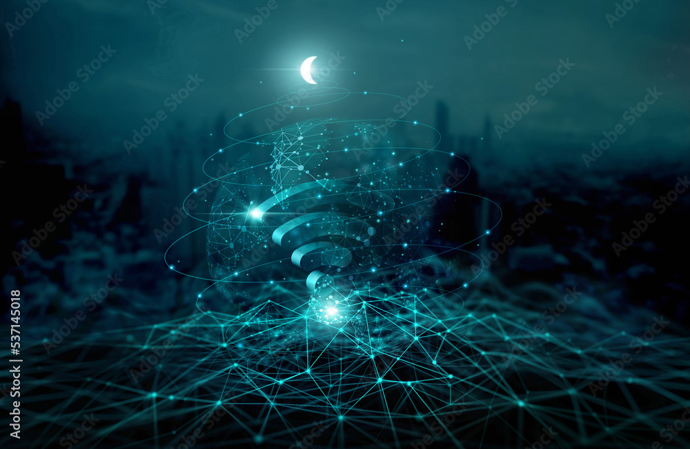 Poster Abstract of Global telecommunication network connection. Wireless Communication. Cyber technology and internet network modernization on dark blue cityscape background. 3D render.