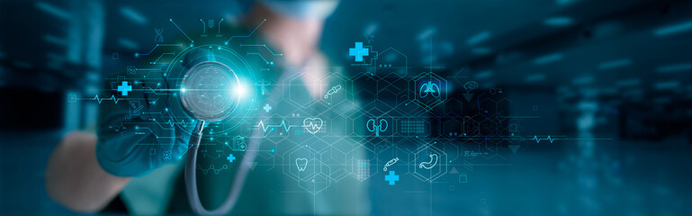 Medicine doctor with stethoscope touching icon medical treatment on digital virtual interface and healthcare network, Doctor online, digital healthcare, Technology of global health.