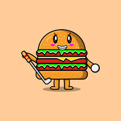 Cute cartoon Burger character playing golf in concept flat cartoon style illustration