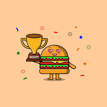 Cute Cartoon character illustration of Burger is holding up the golden trophy in illustration