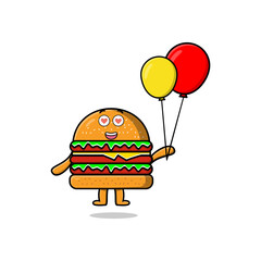 Cute cartoon Burger floating with balloon cartoon vector illustration concept flat cartoon style