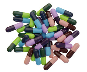 3d Illustration of pile of colorful capsule pills.