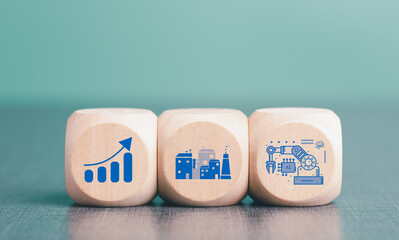 Wooden blocks placed on the table, icons showing the concept of industrial development and growth with Ai,Market Leadership Strategies,growth and success in business,Automation concept.