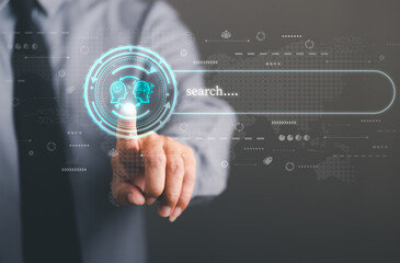 Keyword search technology concept to find information from online websites. website link search and computer communication networks web browser browsing,Businessman touches AI icon.