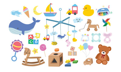 Naklejka premium Vector set of kids toys clipart. Simple cute baby toys flat vector illustration. Children toys rubber duck, baby mobile, piano, shape sorter, teddy bear, baby blocks, rattle, teether, puzzle cartoon