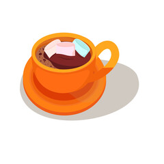 Hot chocolate with marshmallows in an orange cup on a white background.