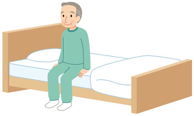 ベッドに座る高齢者　介護　端座位