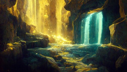 イラスト 絵画 神秘的な洞窟 ファンタジー 滝 泉 - obrazy, fototapety, plakaty