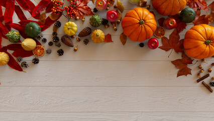 Thanksgiving frame with Pumpkins, Acorns, Autumn leaves and Berries.