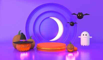 happy Halloween festival banner. podium stage banner with 3d spooky glowing pumpkins, white ghost and chubby bats. orange podium with Halloween elements for product display