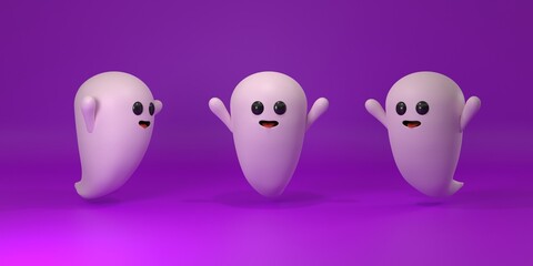 3D rendering of white ghost spirit on purple background for Halloween concept. cute ghosts