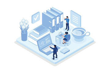 Woman sitting at Desk and Filling Survey Form. She's Putting Check Marks on Checklist, Giving Four Star Feedback and Leaving Review. User Experience Concept, isometric vector modern illustration