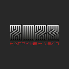 Happy New Year 2023 number monogram calendar cover, maze shape creative typography element black background, greeting card design.