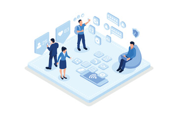 Obraz na płótnie Canvas People Characters standing near Smartphone and looking at new Social Media Post. Woman and Man leaving Comments and likes for Photo in Mobile App, isometric vector modern illustration