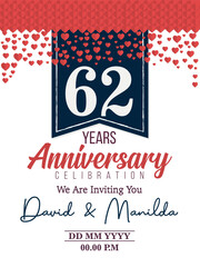 62nd Years Anniversary Logo Celebration With Love for celebration event, birthday, wedding, greeting card, and invitation
