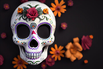 Hispanic heritage sugar skull marigold  Festive dia de los muertos background 3d render digital...