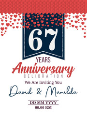 Fototapeta na wymiar 67th Years Anniversary Logo Celebration With Love for celebration event, birthday, wedding, greeting card, and invitation 