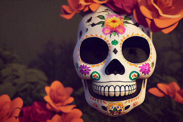 Hispanic heritage sugar skull marigold  Festive dia de los muertos background 3d render digital...