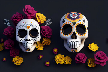 Hispanic heritage sugar skull marigold  Festive dia de los muertos background 3d render digital...