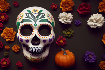 Hispanic heritage sugar skull marigold  Festive dia de los muertos background 3d render digital illustration 