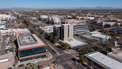 Chandler, Arizona, USA - January 4, 2022: Afternoon sunlight shines on the urban core of downtown Chandler. - obrazy, fototapety, plakaty