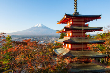 Fuji Mountain and Chureito Pagoda in Autumn, Japan	