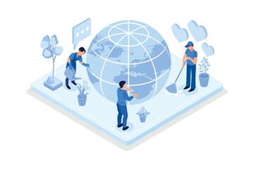 People Characters trying to Save Planet Earth.Woman and Man Planting and Watering Trees, Measuring Planet Temperature. Global Warming and Climate Change Concept, isometric vector modern illustration
