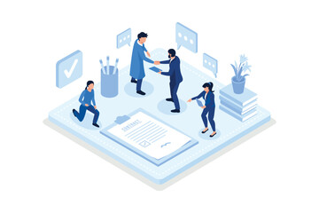 Characters Shaking Hands after Signing Official Contract Document. Two Businessman Finishing Successful Business Deal. Contract Agreement and Management Concept, isometric vector modern illustration