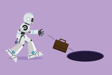 Graphic flat design drawing of robot throws briefcase into hole. Failed to take advantage of tech business opportunities. Future technology. Artificial intelligence. Cartoon style vector illustration