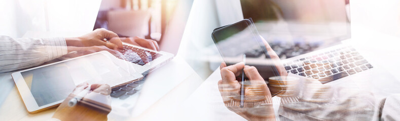 Business team present. professional investor working new start up project. Finance managers meeting.Digital tablet docking screen computer design smart phone using, in morning light