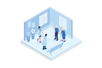Elderly healthcare, Seniors in nursing home hospital meeting with doctor, isometric vector modern illustration