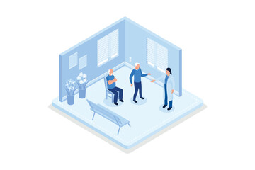 Elderly healthcare, Seniors in nursing home hospital meeting with doctor, isometric vector modern illustration