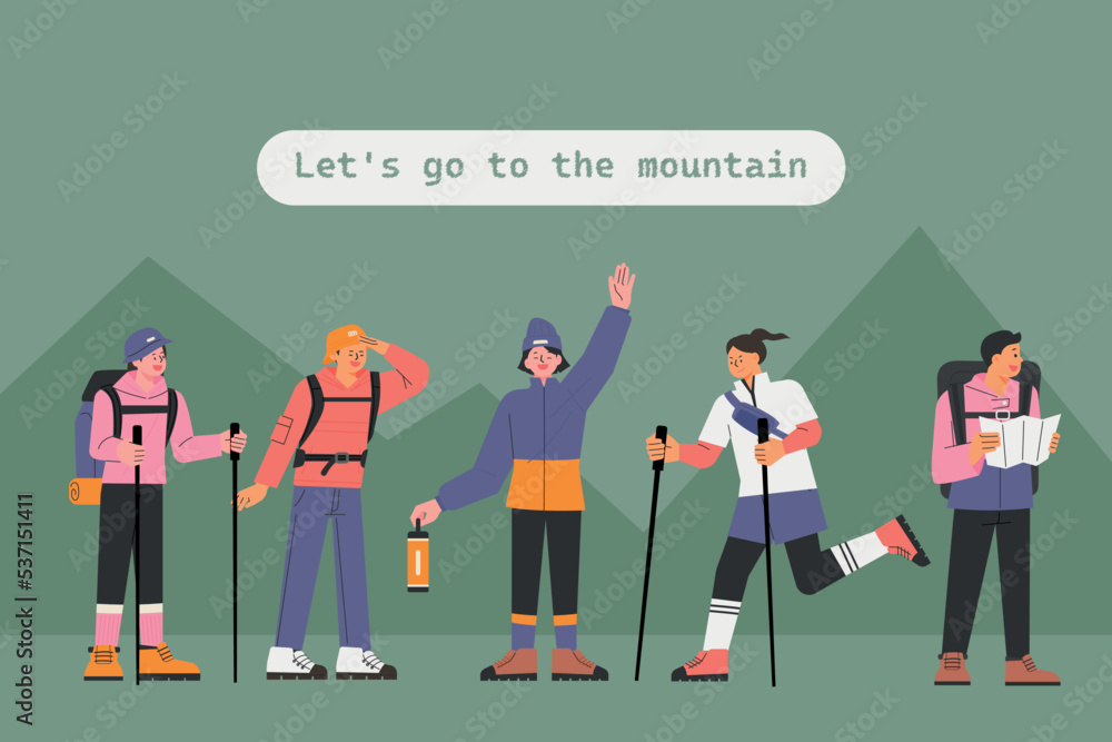 Wall mural collection of characters in mountaineering clothes. flat vector illustration.