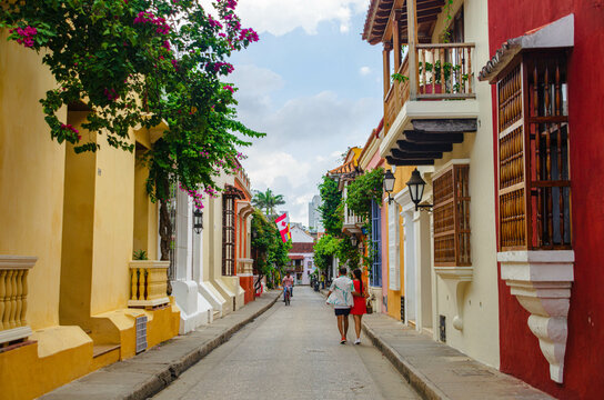 photo of traditional steet inside the walled city. cartagena, colombia