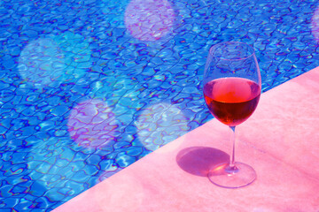 Crystal glass with red wine on the edge of a swimming pool during a party.