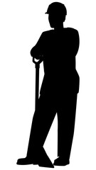 Black silhouette of man in work clothes and hard hat stands leaning on shovel, isolated on white. Design element.