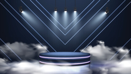 Podium wallpaper with geometric 3D shapes, with smoke and spotlights