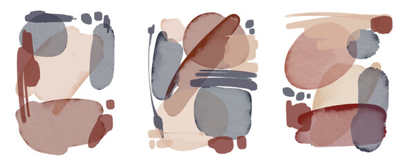 Watercolor abstract arrangement of navy blue, blush, maroon, brown, and ivory on a white background