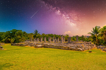 Ancient ruins of Maya in El Rey Archaeological Zone near Cancun, Yukatan, Mexico with Milky Way...