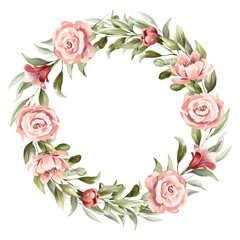 Beautiful watercolor floral wreath of red and pink flowers