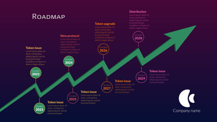 Roadmap with upward trend arrow and many colored stages on dark purple background. Timeline infographic template for business presentation. Vector.