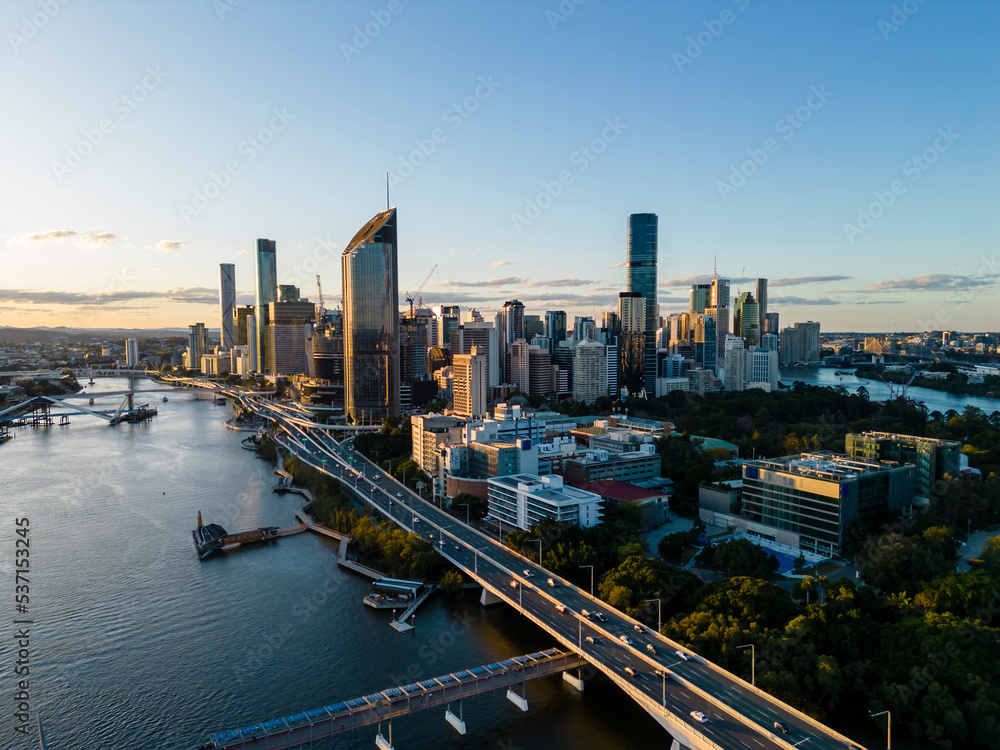 Poster aerial view of brisbane city in australia at sunset