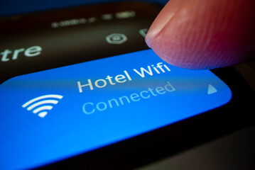 Connect smartphone to hotel wifi - obrazy, fototapety, plakaty