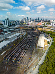 Aerial vertical view of train depot in Brisbane, Australia - obrazy, fototapety, plakaty