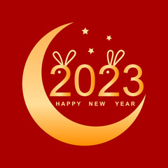 Golden yellow chinese happy new year 2023, year of the rabbit cute bunny on crescent moon and stars red background greeting card flat vector design.
