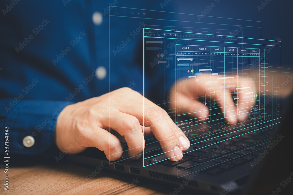 Poster Man working with technology computer in Business Analytics and Data Management System to make report with KPI and metrics connected to database. Corporate strategy for operations, planing, marketing.
