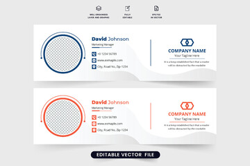 Modern email signature template for corporate business. Minimal email signature layout design with blue and orange colors. Digital email signature vector with photo placeholders and geometric shapes.