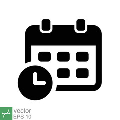 Calendar icon. Simple solid style. Clock, time, day, week, year, meeting appointment, schedule, plan, holiday, business concept. Glyph vector illustration isolated on white background. EPS 10.