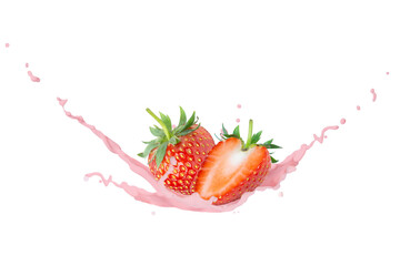 Strawberry milk splash isolated on white background.