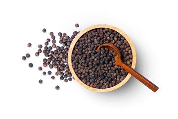 Black pepper seeds or peppercorn in wooden bowl with spoon isolated on white background, top view, flat lay.
